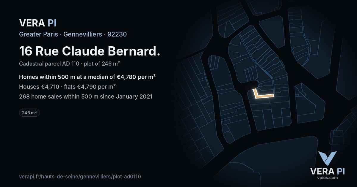 16 Rue Claude Bernard, Gennevilliers at night – the plot lit, the parcels around coloured by the prices near them