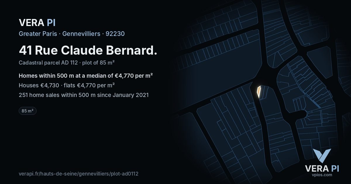 41 Rue Claude Bernard, Gennevilliers at night – the plot lit, the parcels around coloured by the prices near them