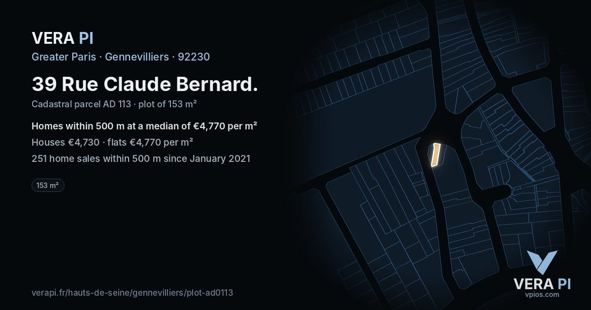 39 Rue Claude Bernard, Gennevilliers at night – the plot lit, the parcels around coloured by the prices near them