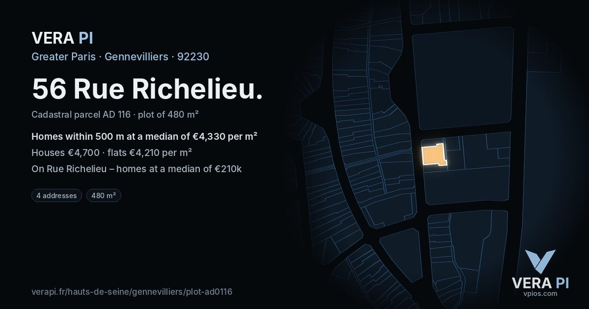 56 Rue Richelieu, Gennevilliers at night – the plot lit, the parcels around coloured by the prices near them