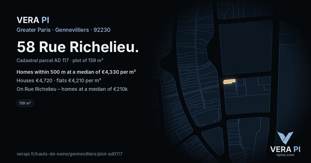 58 Rue Richelieu, Gennevilliers at night – the plot lit, the parcels around coloured by the prices near them