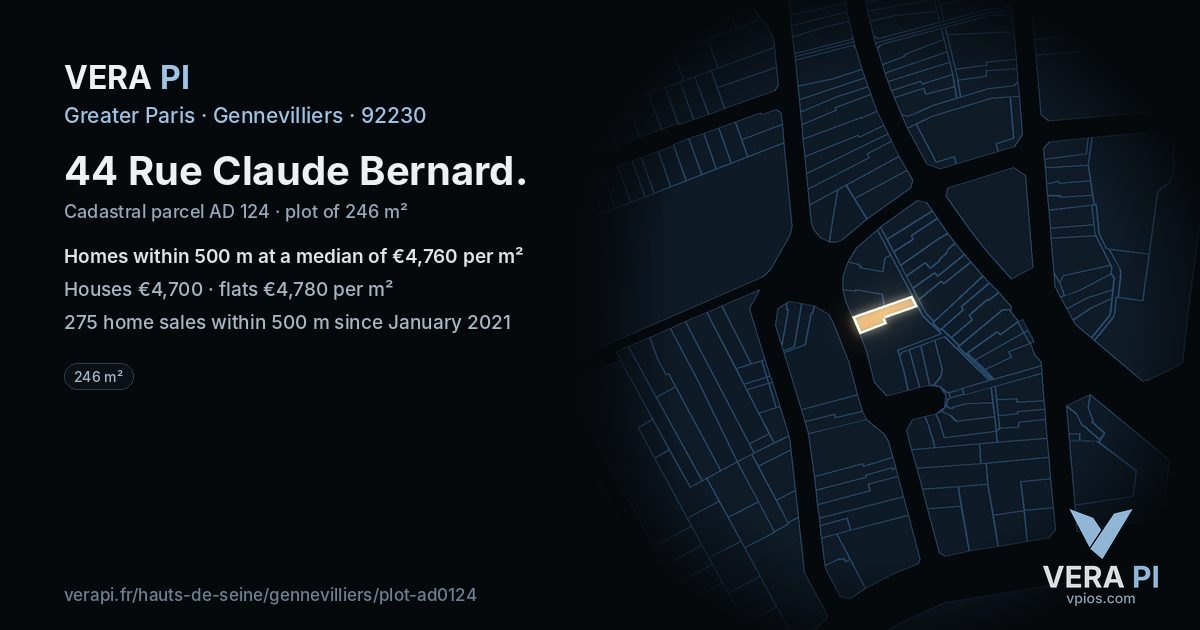 44 Rue Claude Bernard, Gennevilliers at night – the plot lit, the parcels around coloured by the prices near them