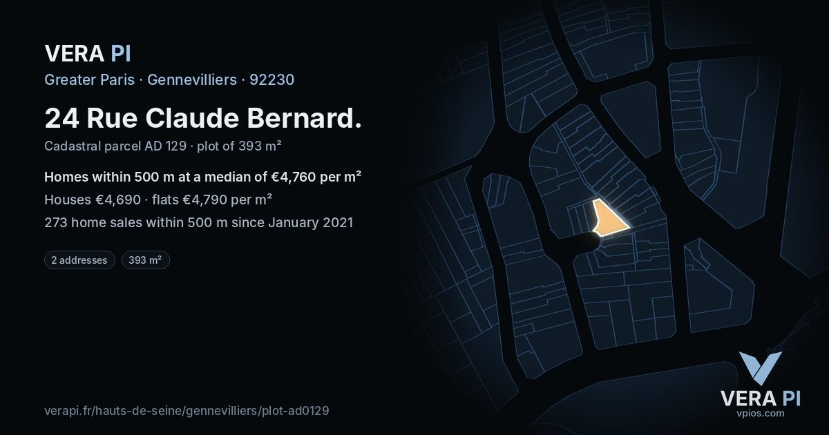 24 Rue Claude Bernard, Gennevilliers at night – the plot lit, the parcels around coloured by the prices near them