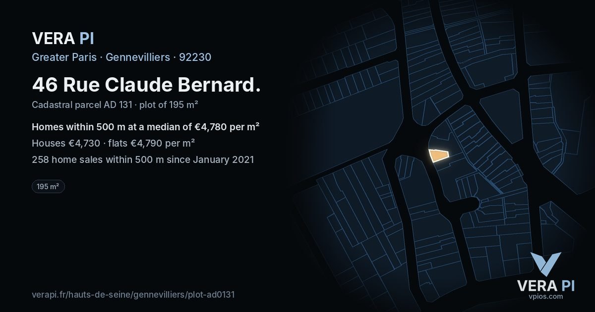 46 Rue Claude Bernard, Gennevilliers at night – the plot lit, the parcels around coloured by the prices near them