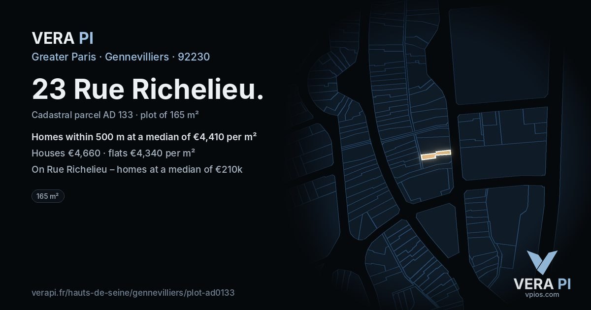 23 Rue Richelieu, Gennevilliers at night – the plot lit, the parcels around coloured by the prices near them