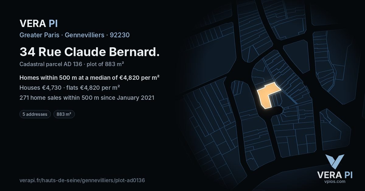 34 Rue Claude Bernard, Gennevilliers at night – the plot lit, the parcels around coloured by the prices near them