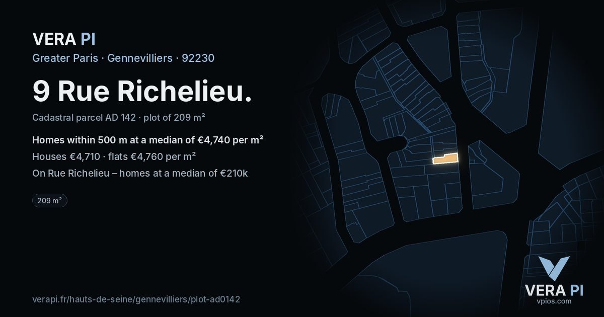9 Rue Richelieu, Gennevilliers at night – the plot lit, the parcels around coloured by the prices near them