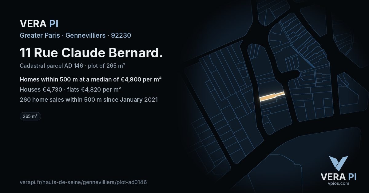 11 Rue Claude Bernard, Gennevilliers at night – the plot lit, the parcels around coloured by the prices near them