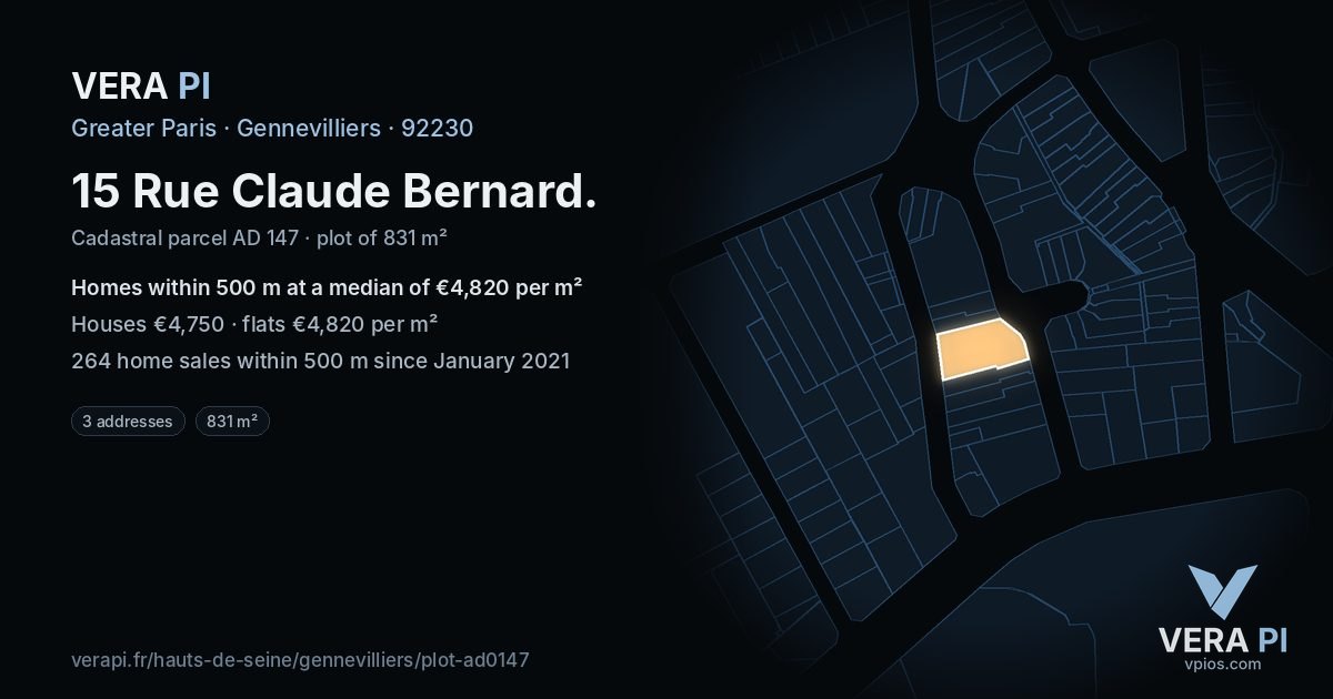 15 Rue Claude Bernard, Gennevilliers at night – the plot lit, the parcels around coloured by the prices near them