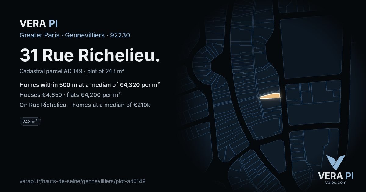 31 Rue Richelieu, Gennevilliers at night – the plot lit, the parcels around coloured by the prices near them