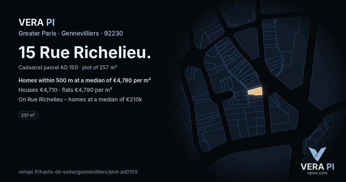 15 Rue Richelieu, Gennevilliers at night – the plot lit, the parcels around coloured by the prices near them