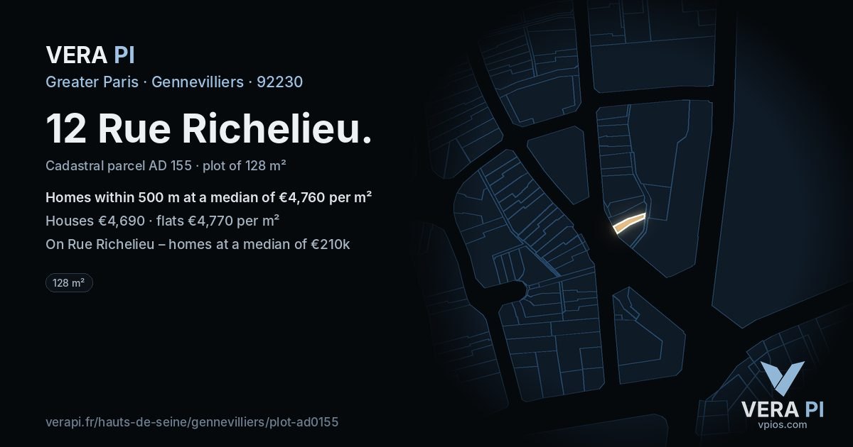 12 Rue Richelieu, Gennevilliers at night – the plot lit, the parcels around coloured by the prices near them