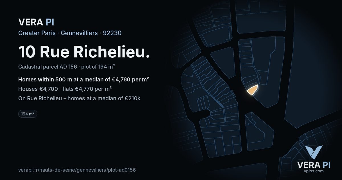 10 Rue Richelieu, Gennevilliers at night – the plot lit, the parcels around coloured by the prices near them