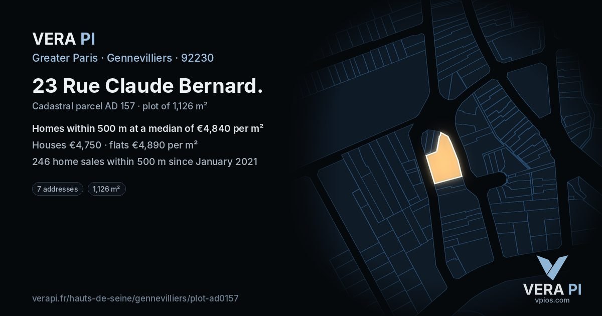 23 Rue Claude Bernard, Gennevilliers at night – the plot lit, the parcels around coloured by the prices near them