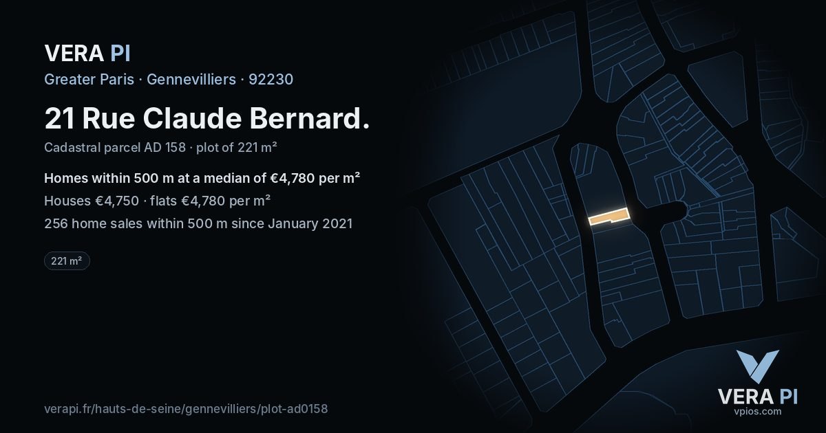 21 Rue Claude Bernard, Gennevilliers at night – the plot lit, the parcels around coloured by the prices near them