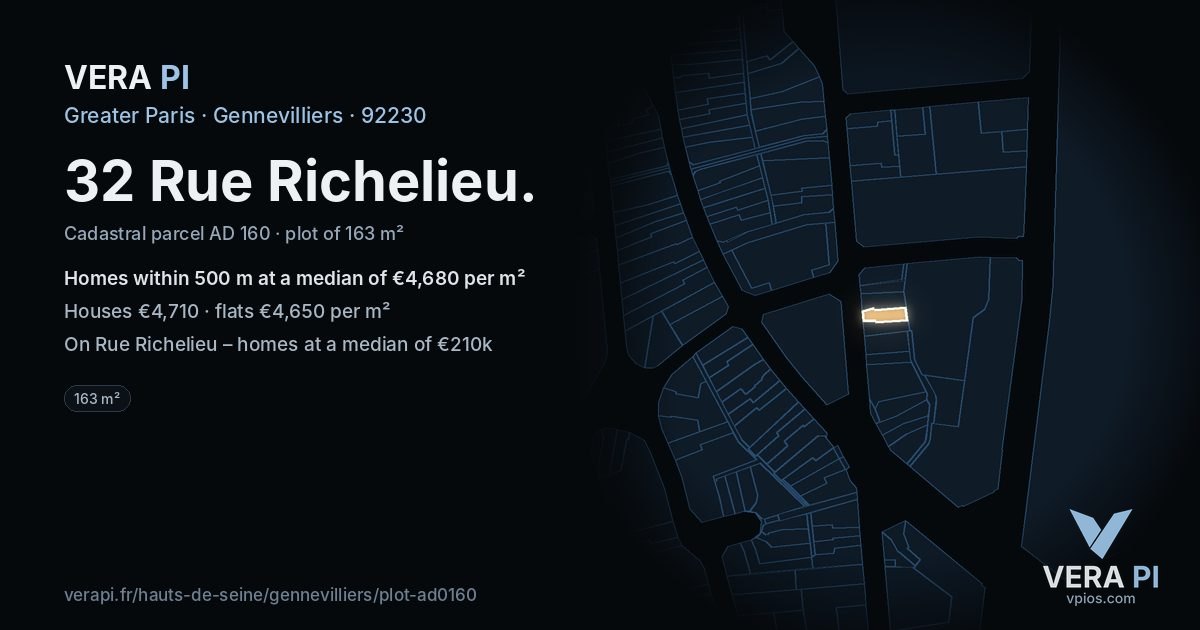 32 Rue Richelieu, Gennevilliers at night – the plot lit, the parcels around coloured by the prices near them