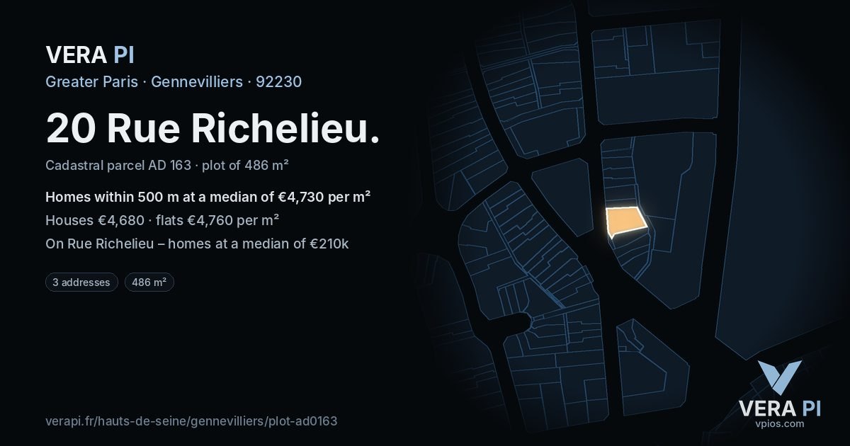 20 Rue Richelieu, Gennevilliers at night – the plot lit, the parcels around coloured by the prices near them