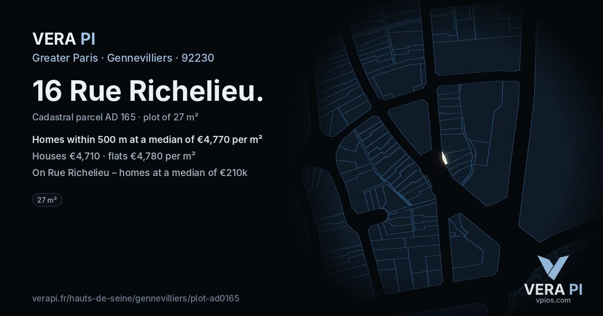 16 Rue Richelieu, Gennevilliers at night – the plot lit, the parcels around coloured by the prices near them