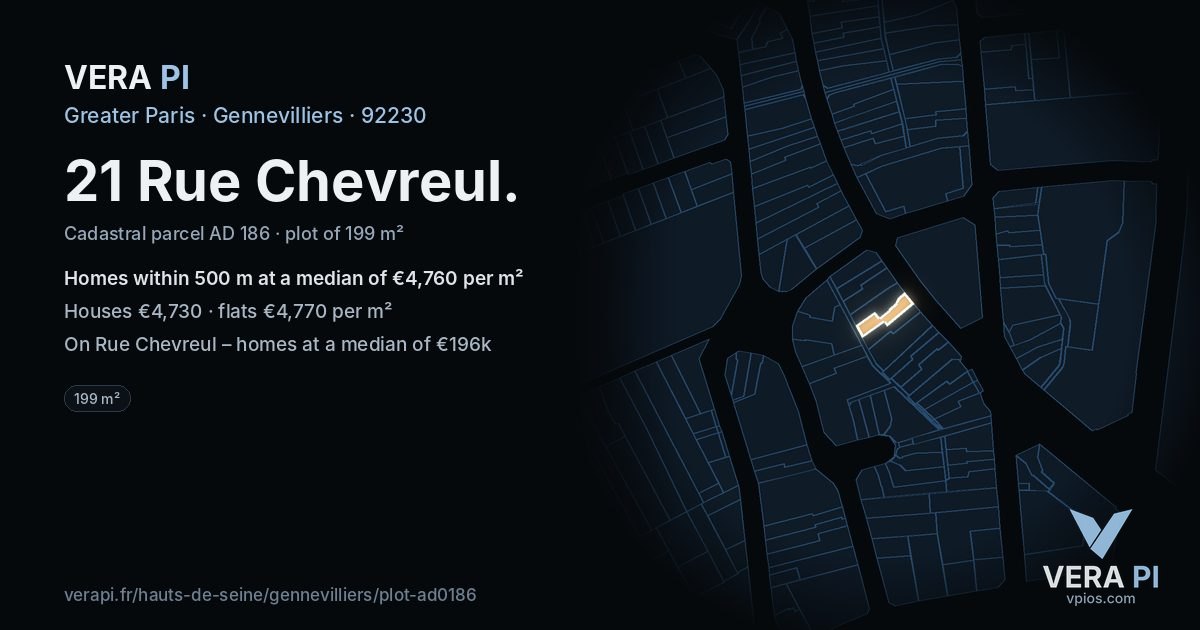 21 Rue Chevreul, Gennevilliers at night – the plot lit, the parcels around coloured by the prices near them