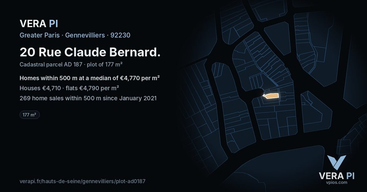 20 Rue Claude Bernard, Gennevilliers at night – the plot lit, the parcels around coloured by the prices near them