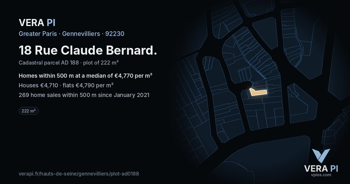 18 Rue Claude Bernard, Gennevilliers at night – the plot lit, the parcels around coloured by the prices near them