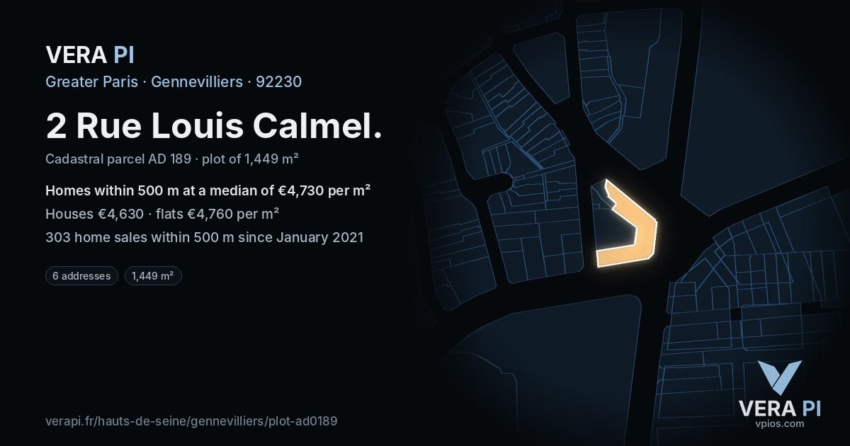 2 Rue Louis Calmel, Gennevilliers at night – the plot lit, the parcels around coloured by the prices near them