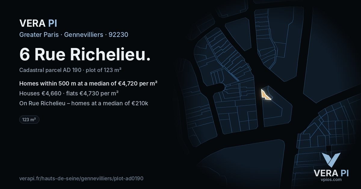 6 Rue Richelieu, Gennevilliers at night – the plot lit, the parcels around coloured by the prices near them