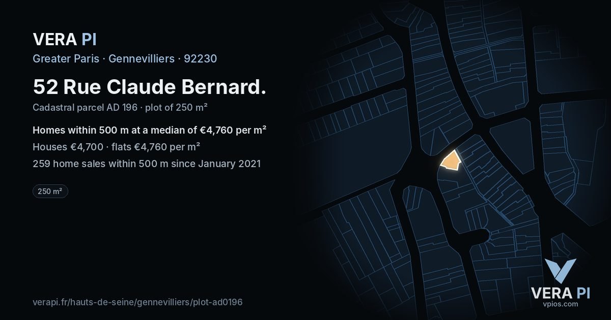 52 Rue Claude Bernard, Gennevilliers at night – the plot lit, the parcels around coloured by the prices near them