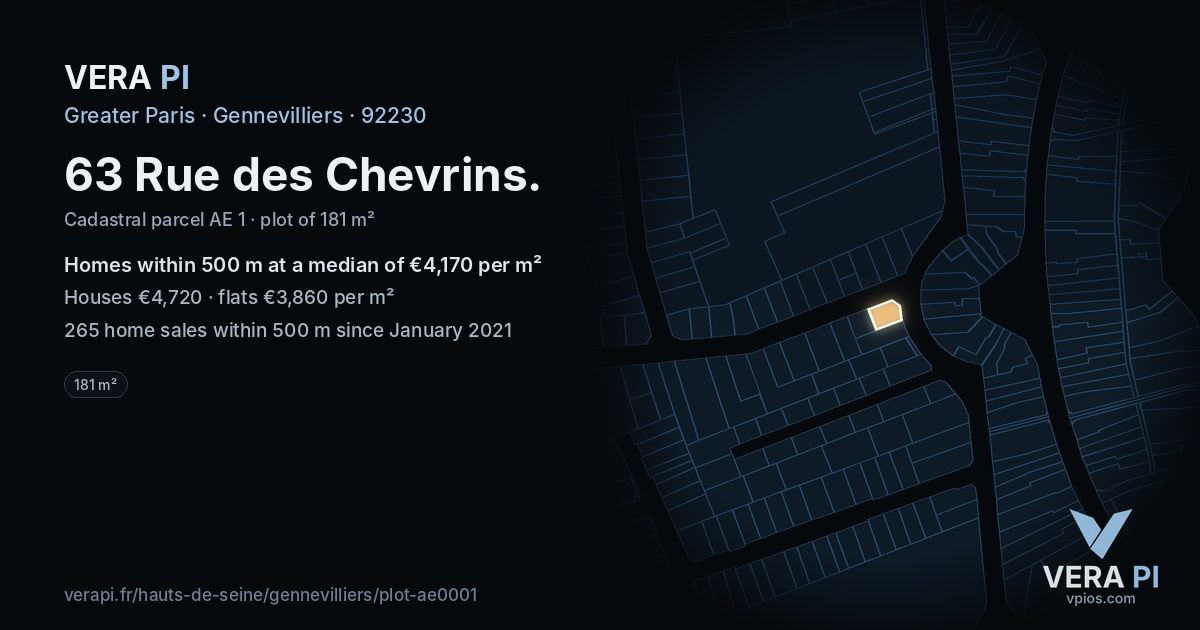 63 Rue des Chevrins, Gennevilliers at night – the plot lit, the parcels around coloured by the prices near them