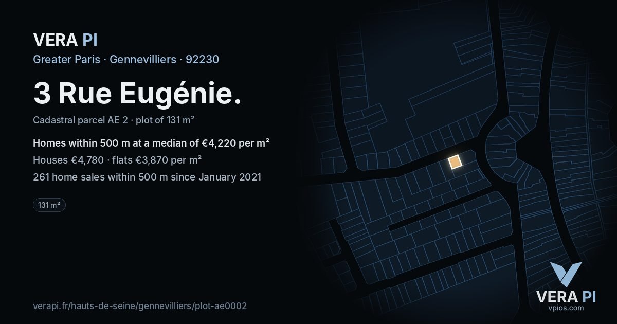 3 Rue Eugénie, Gennevilliers at night – the plot lit, the parcels around coloured by the prices near them