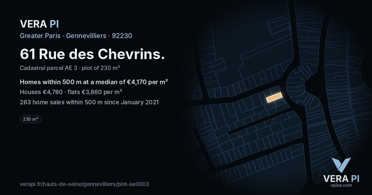 61 Rue des Chevrins, Gennevilliers at night – the plot lit, the parcels around coloured by the prices near them