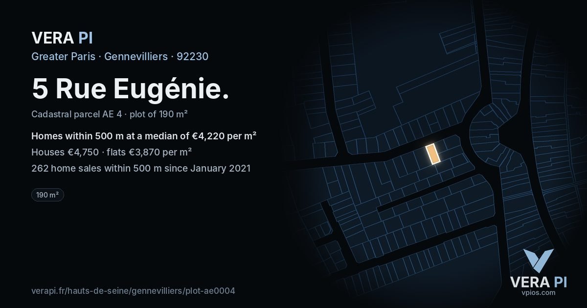 5 Rue Eugénie, Gennevilliers at night – the plot lit, the parcels around coloured by the prices near them
