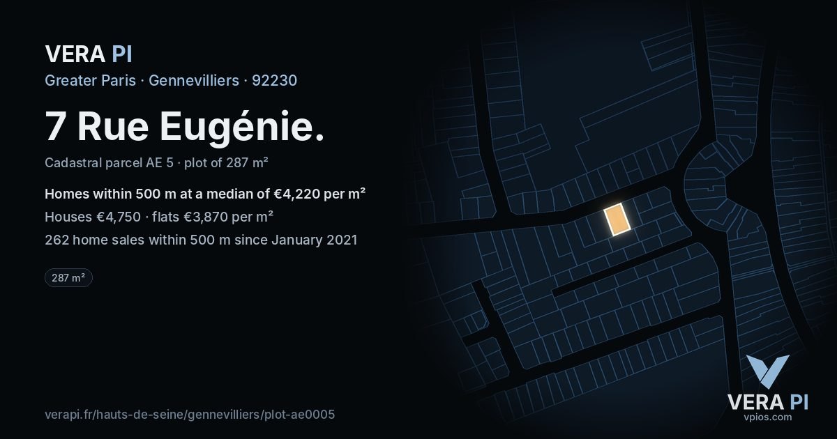 7 Rue Eugénie, Gennevilliers at night – the plot lit, the parcels around coloured by the prices near them