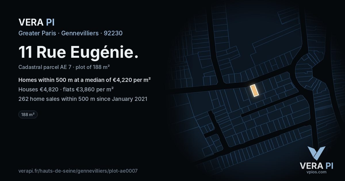 11 Rue Eugénie, Gennevilliers at night – the plot lit, the parcels around coloured by the prices near them