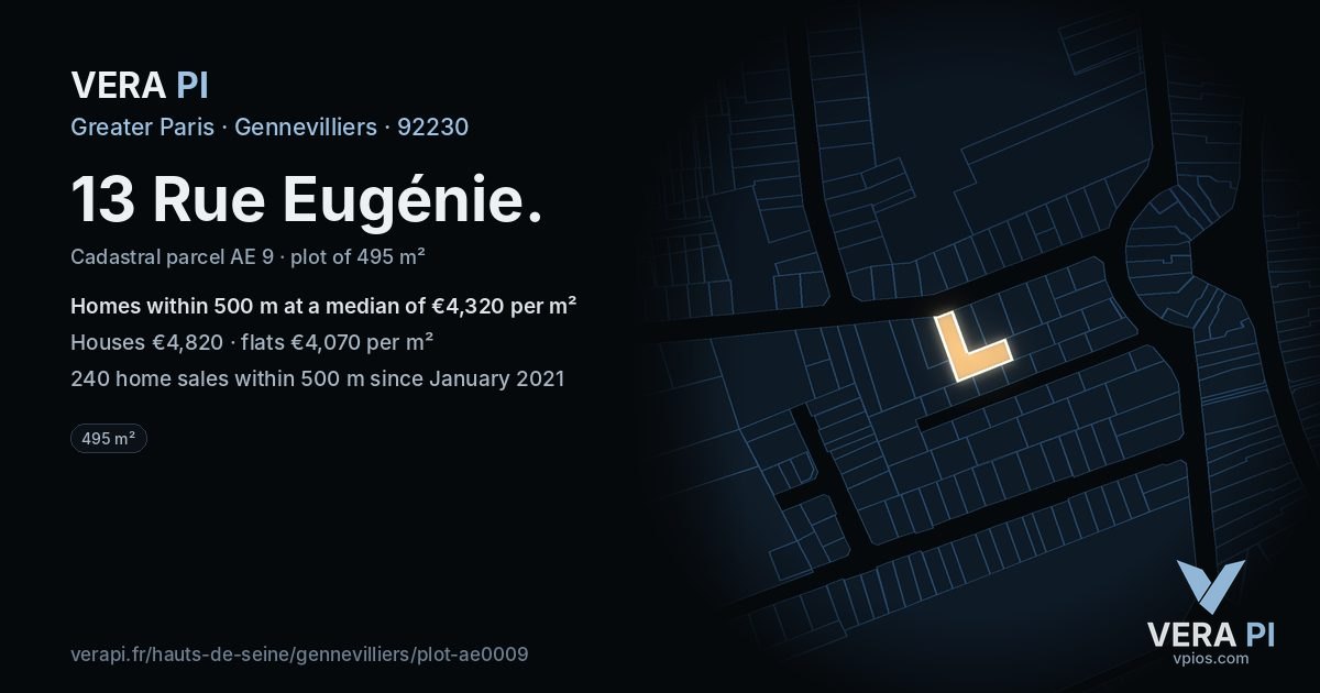 13 Rue Eugénie, Gennevilliers at night – the plot lit, the parcels around coloured by the prices near them