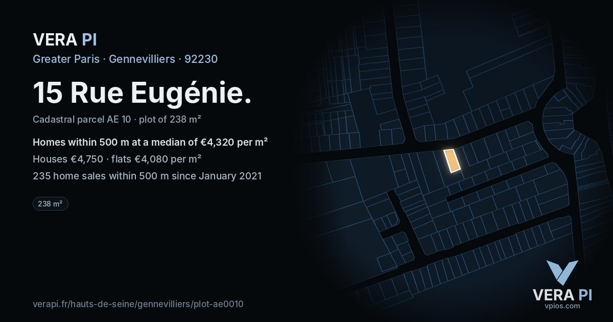 15 Rue Eugénie, Gennevilliers at night – the plot lit, the parcels around coloured by the prices near them