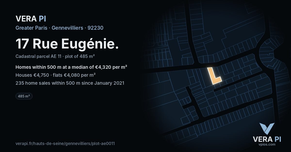 17 Rue Eugénie, Gennevilliers at night – the plot lit, the parcels around coloured by the prices near them