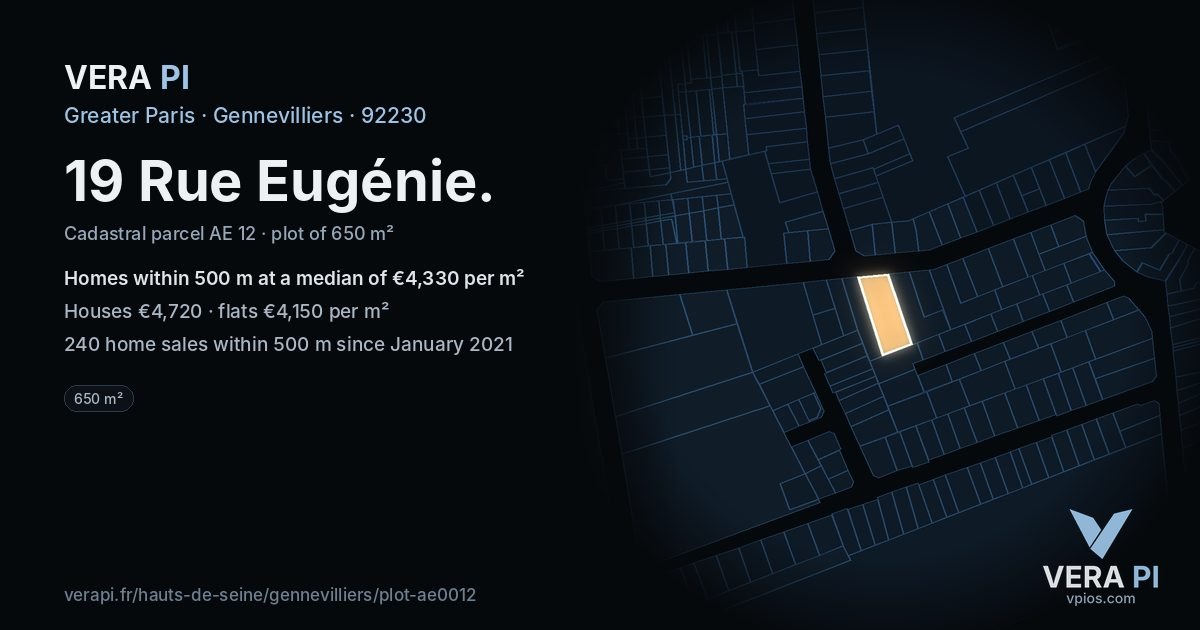 19 Rue Eugénie, Gennevilliers at night – the plot lit, the parcels around coloured by the prices near them