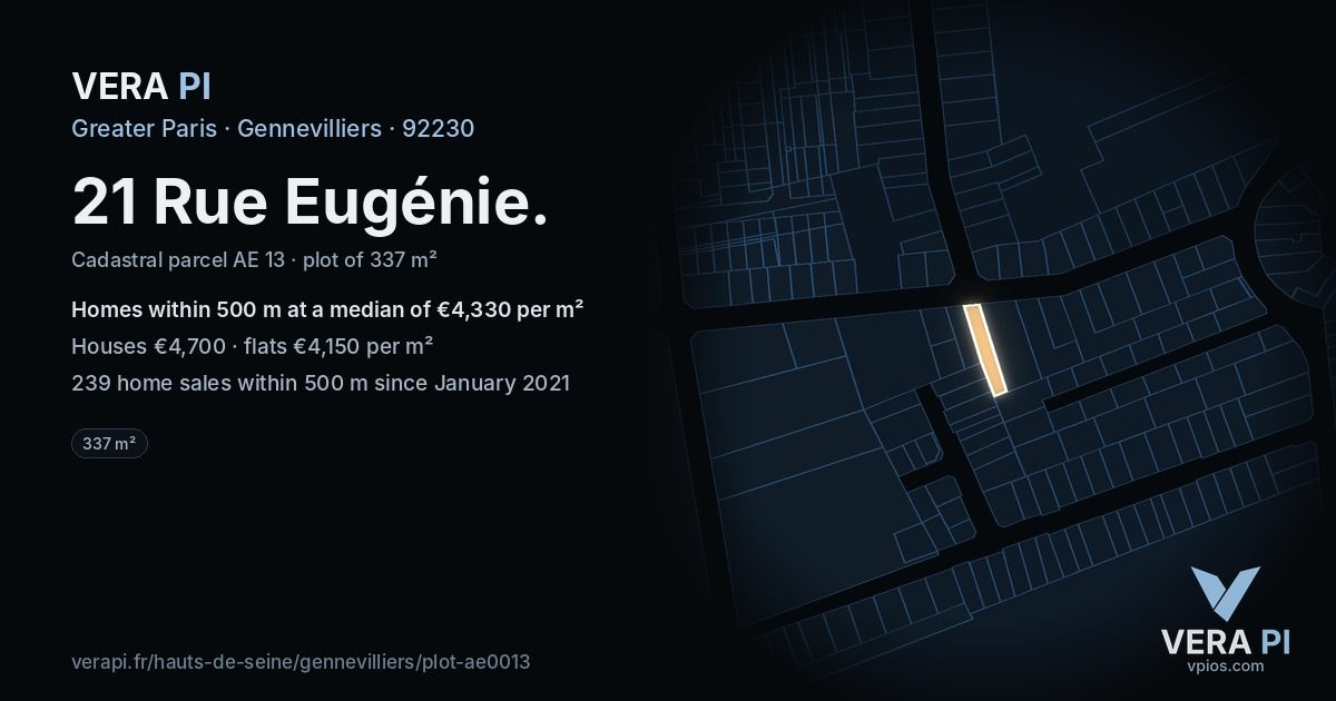 21 Rue Eugénie, Gennevilliers at night – the plot lit, the parcels around coloured by the prices near them