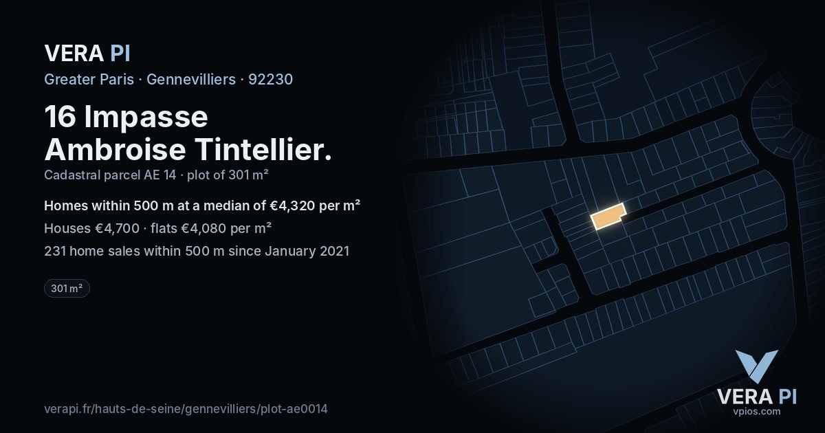 16 Impasse Ambroise Tintellier, Gennevilliers at night – the plot lit, the parcels around coloured by the prices near them