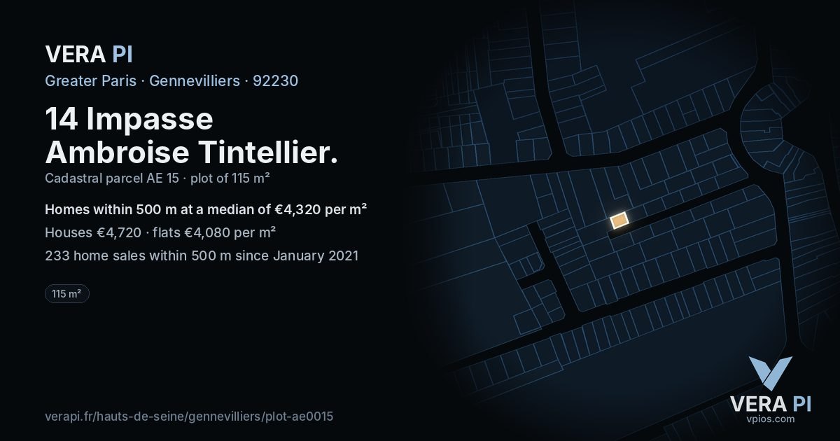 14 Impasse Ambroise Tintellier, Gennevilliers at night – the plot lit, the parcels around coloured by the prices near them