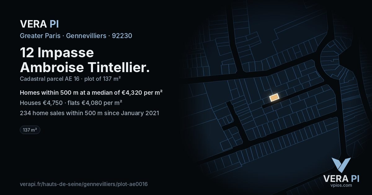 12 Impasse Ambroise Tintellier, Gennevilliers at night – the plot lit, the parcels around coloured by the prices near them