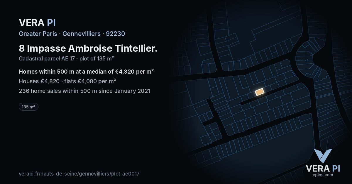 8 Impasse Ambroise Tintellier, Gennevilliers at night – the plot lit, the parcels around coloured by the prices near them