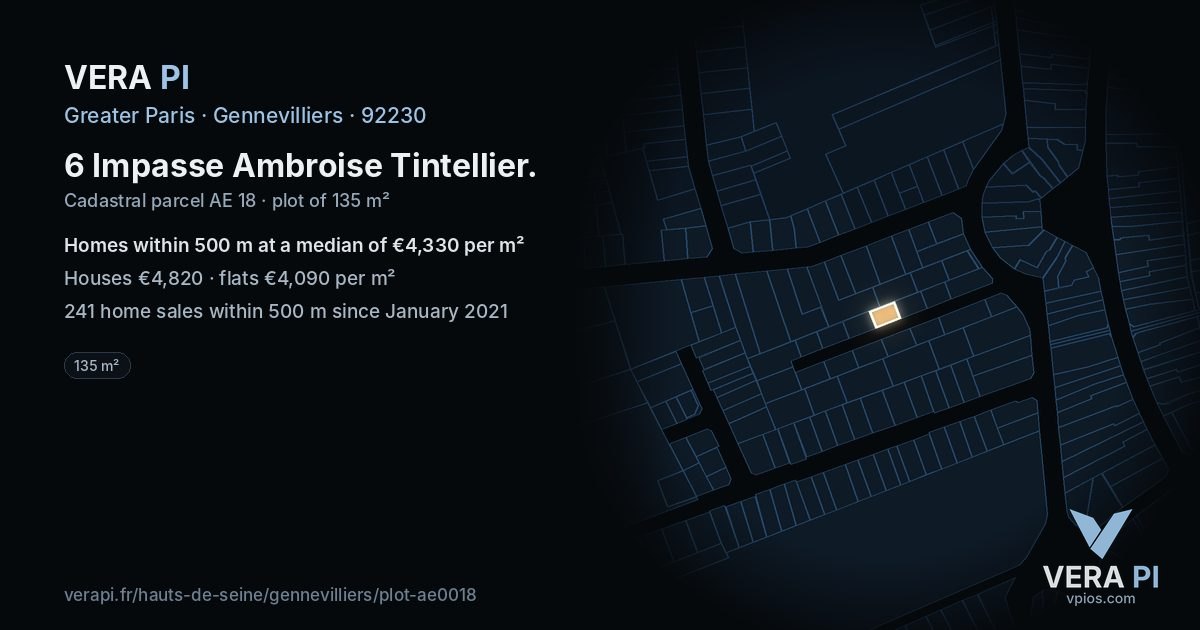 6 Impasse Ambroise Tintellier, Gennevilliers at night – the plot lit, the parcels around coloured by the prices near them