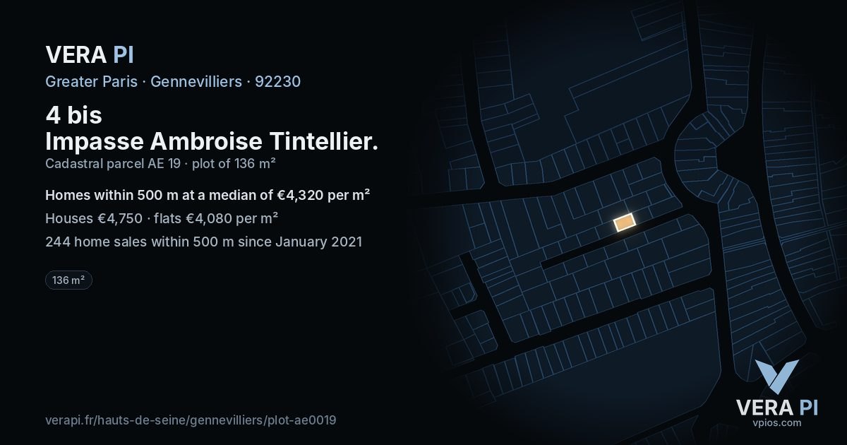 4 bis Impasse Ambroise Tintellier, Gennevilliers at night – the plot lit, the parcels around coloured by the prices near them