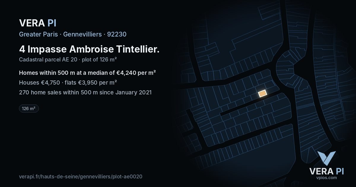 4 Impasse Ambroise Tintellier, Gennevilliers at night – the plot lit, the parcels around coloured by the prices near them