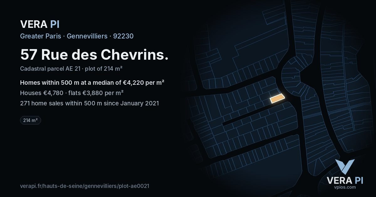 57 Rue des Chevrins, Gennevilliers at night – the plot lit, the parcels around coloured by the prices near them