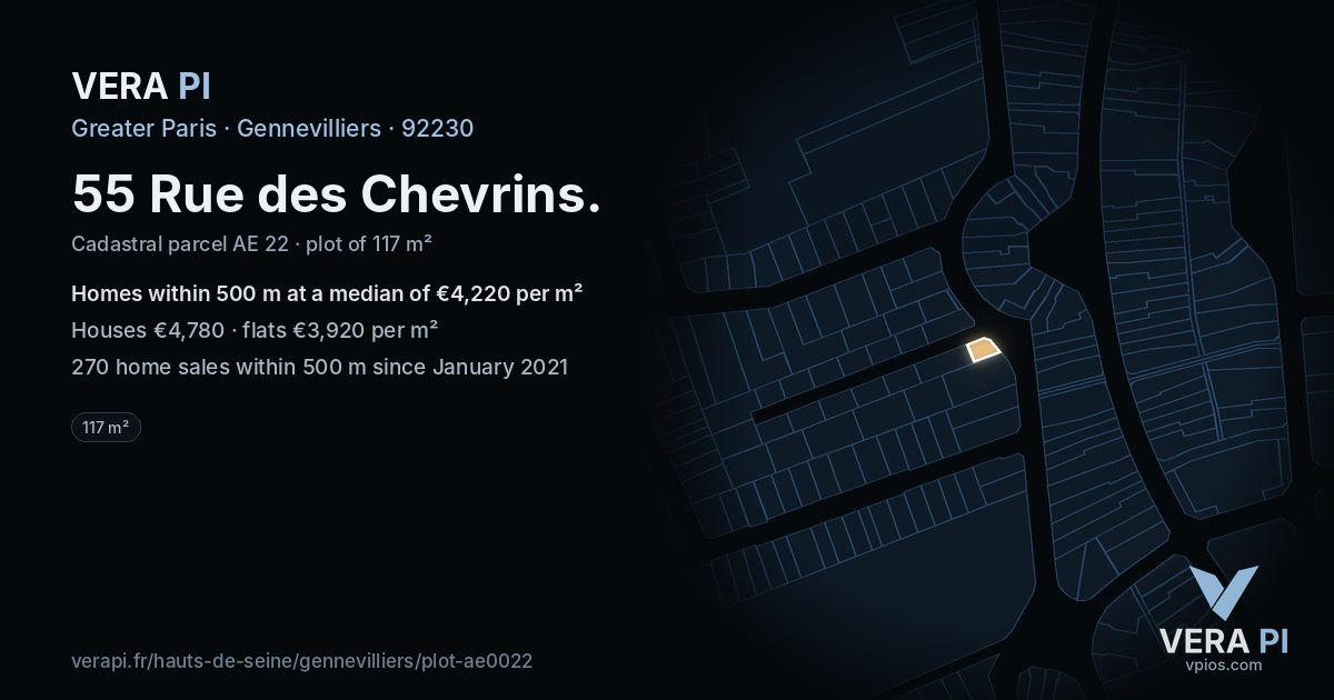55 Rue des Chevrins, Gennevilliers at night – the plot lit, the parcels around coloured by the prices near them