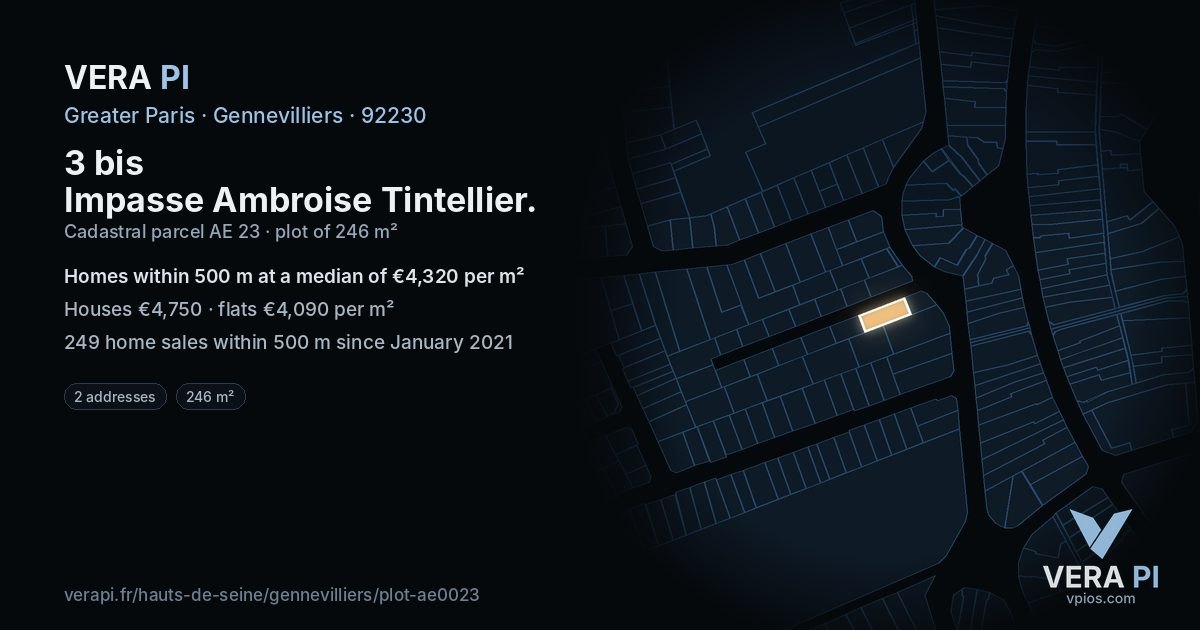 3 bis Impasse Ambroise Tintellier, Gennevilliers at night – the plot lit, the parcels around coloured by the prices near them