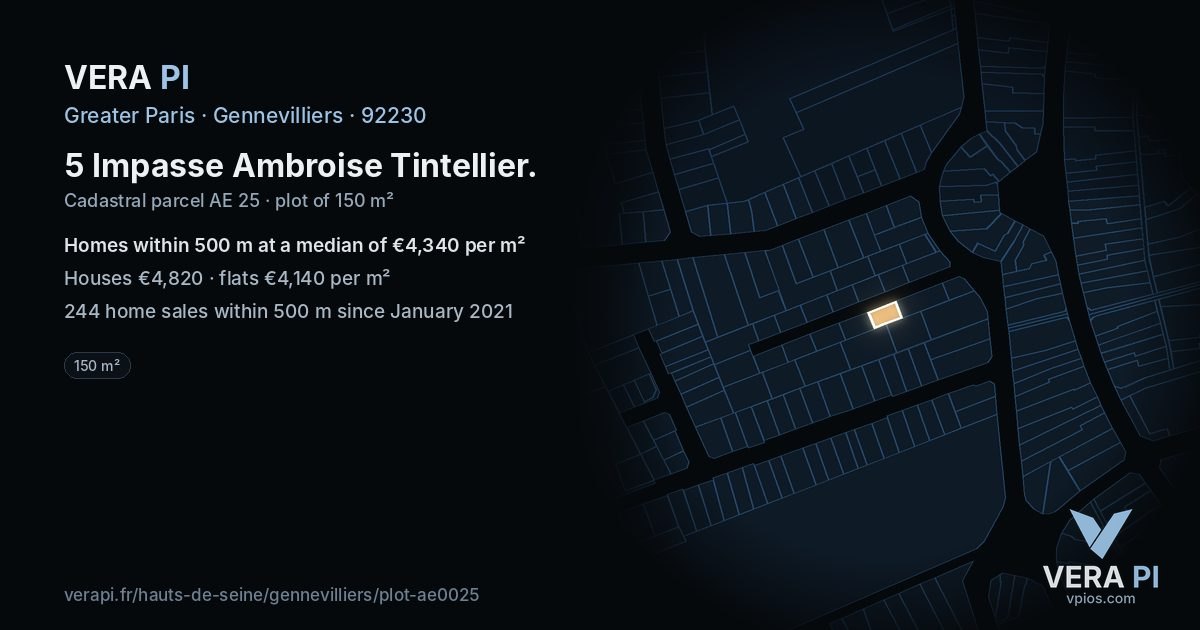5 Impasse Ambroise Tintellier, Gennevilliers at night – the plot lit, the parcels around coloured by the prices near them